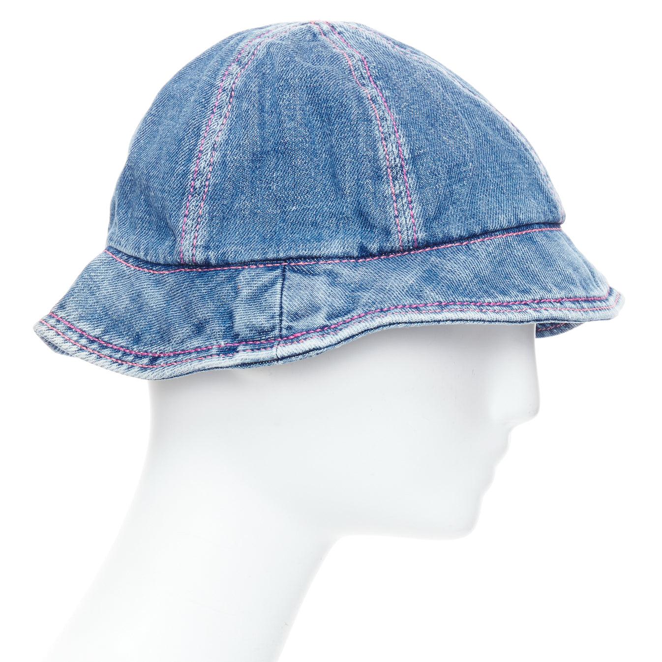 CHANEL 2022 washed blue denim silver CC logo red topstitch bucket hat M In Excellent Condition For Sale In Hong Kong, NT
