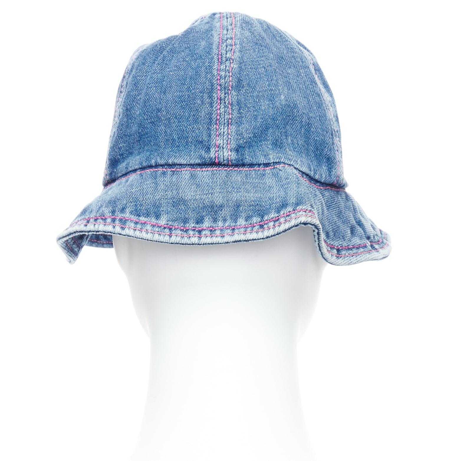 Women's CHANEL 2022 washed blue denim silver CC logo red topstitch bucket hat M For Sale