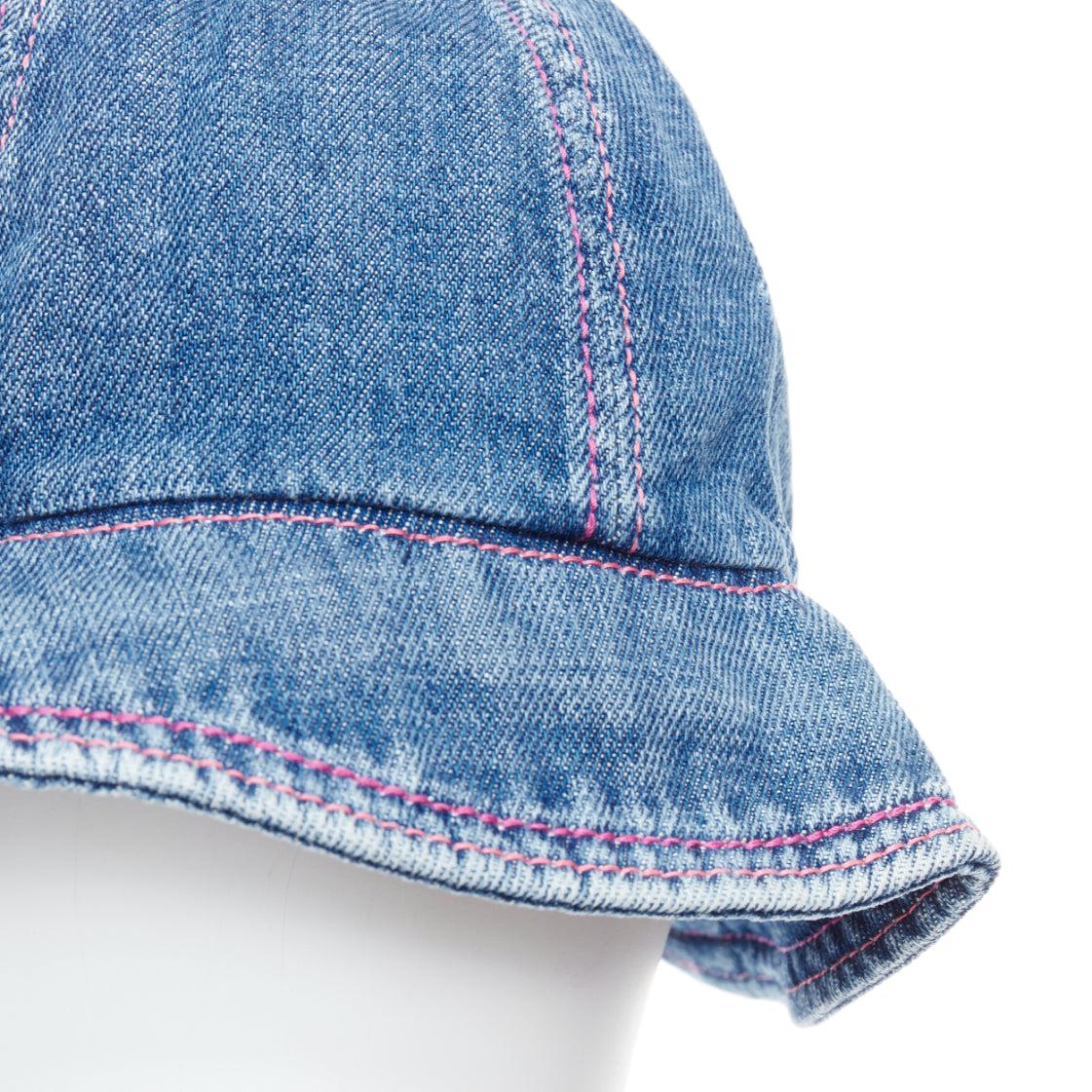 CHANEL 2022 washed blue denim silver CC logo red topstitch bucket hat M For Sale 2