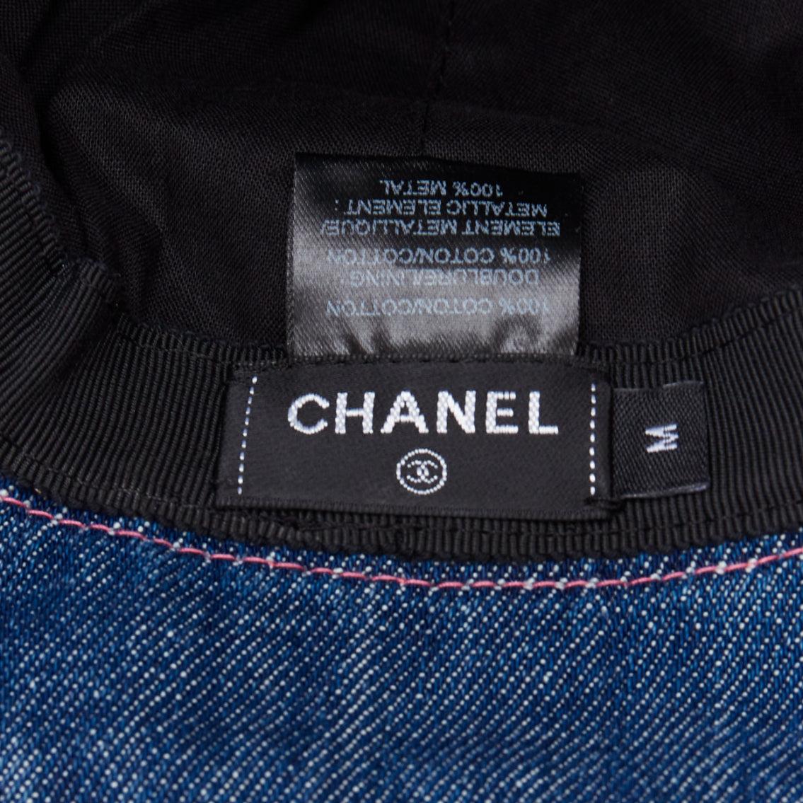 CHANEL 2022 washed blue denim silver CC logo red topstitch bucket hat M For Sale 3