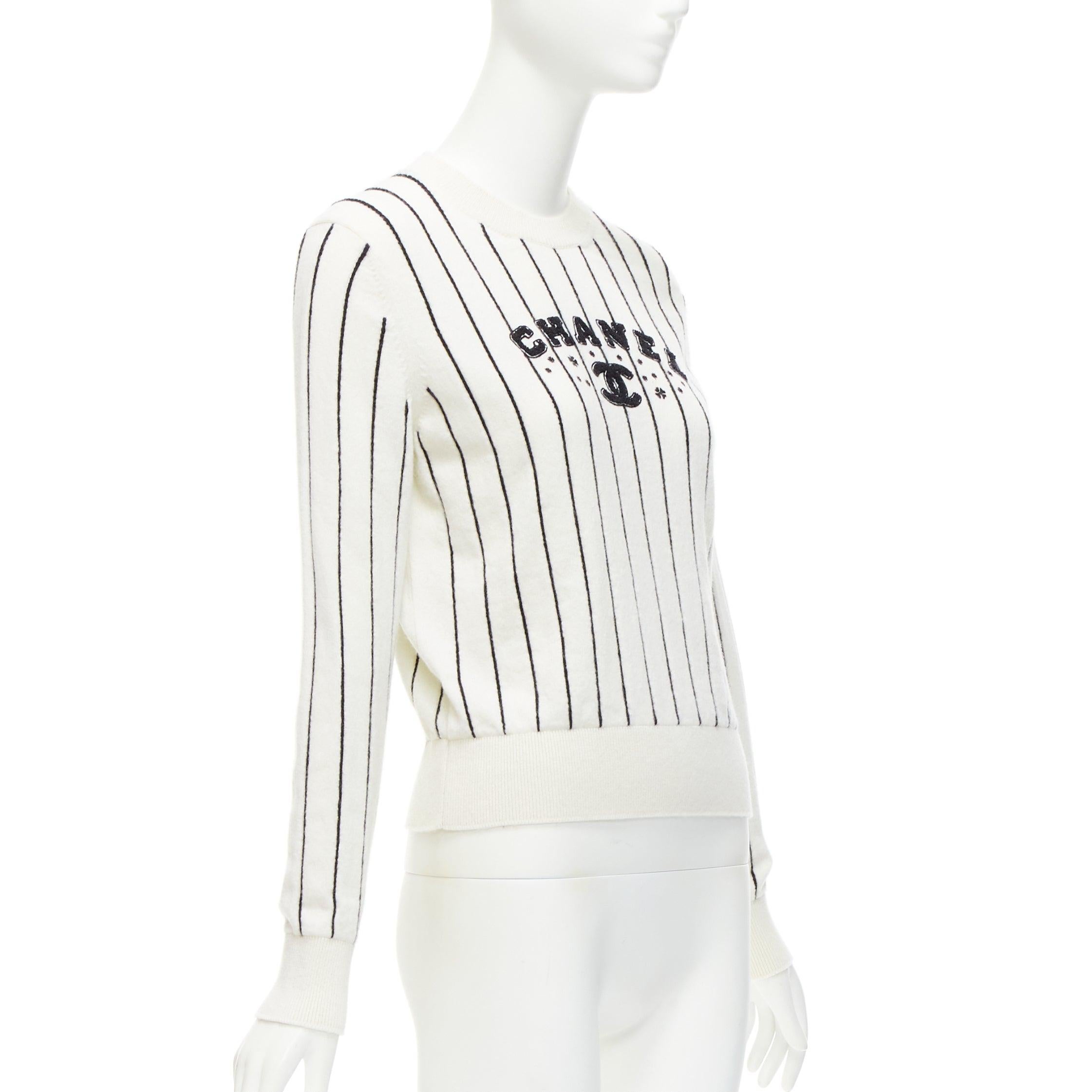 CHANEL 2023 100% cashmere cream black striped logo varsity sweater top FR36 S In Excellent Condition For Sale In Hong Kong, NT