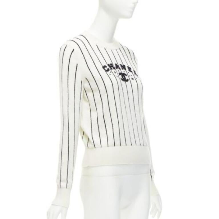 Noir Chanel 2023 100% cachemire crème noir logo rayé pull varsity FR36 S en vente