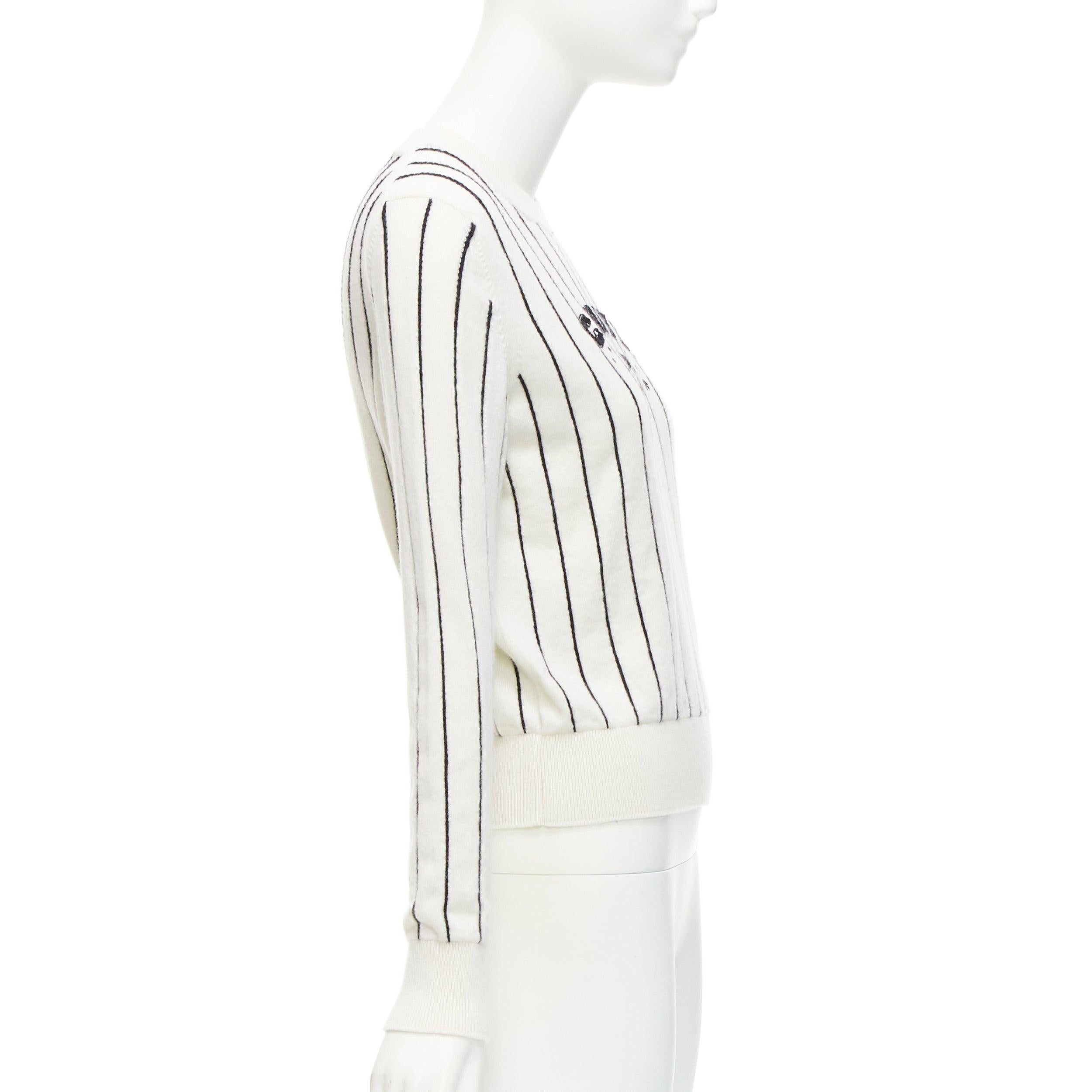 Women's CHANEL 2023 100% cashmere cream black striped logo varsity sweater top FR36 S For Sale