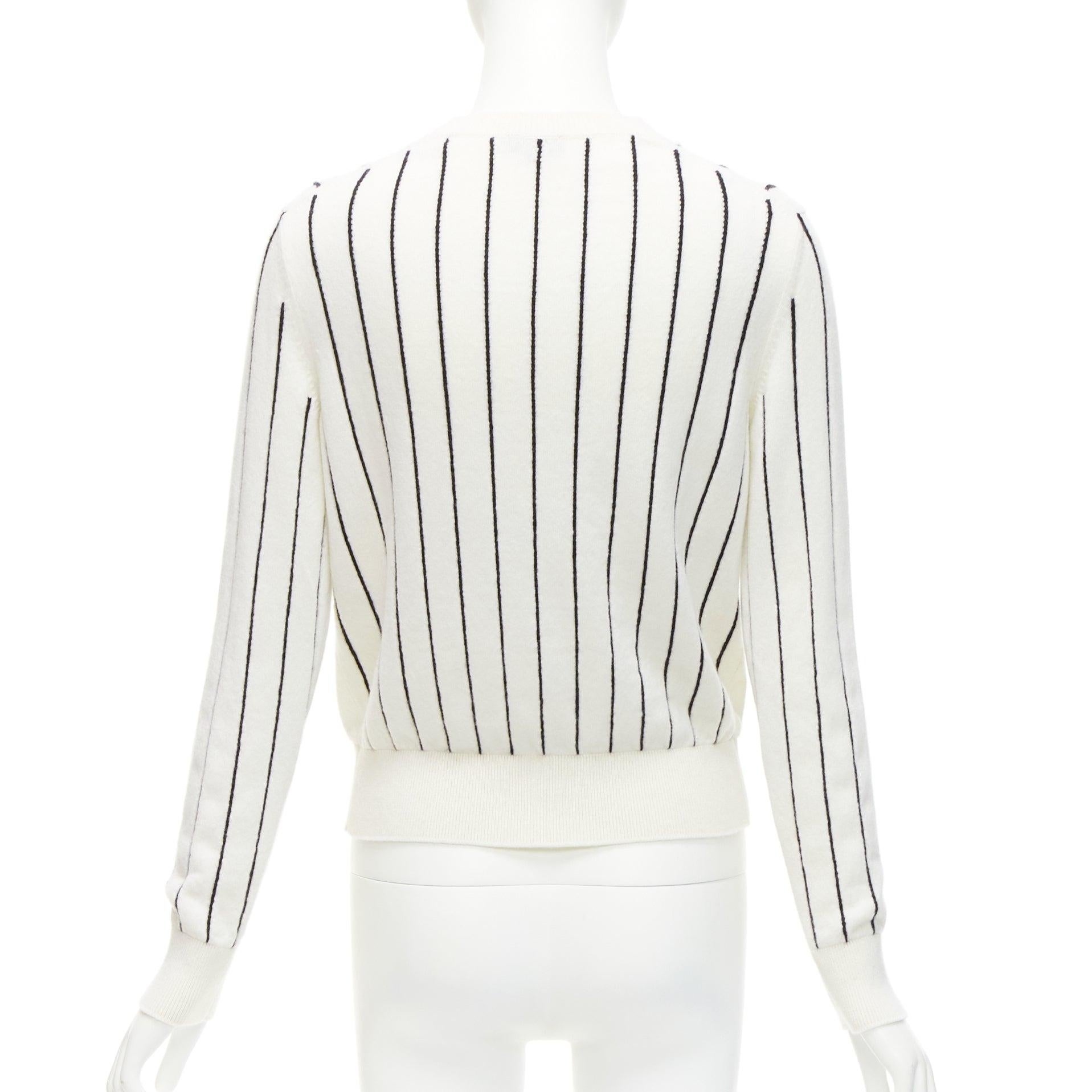 CHANEL 2023 100% cashmere cream black striped logo varsity sweater top FR36 S For Sale 1