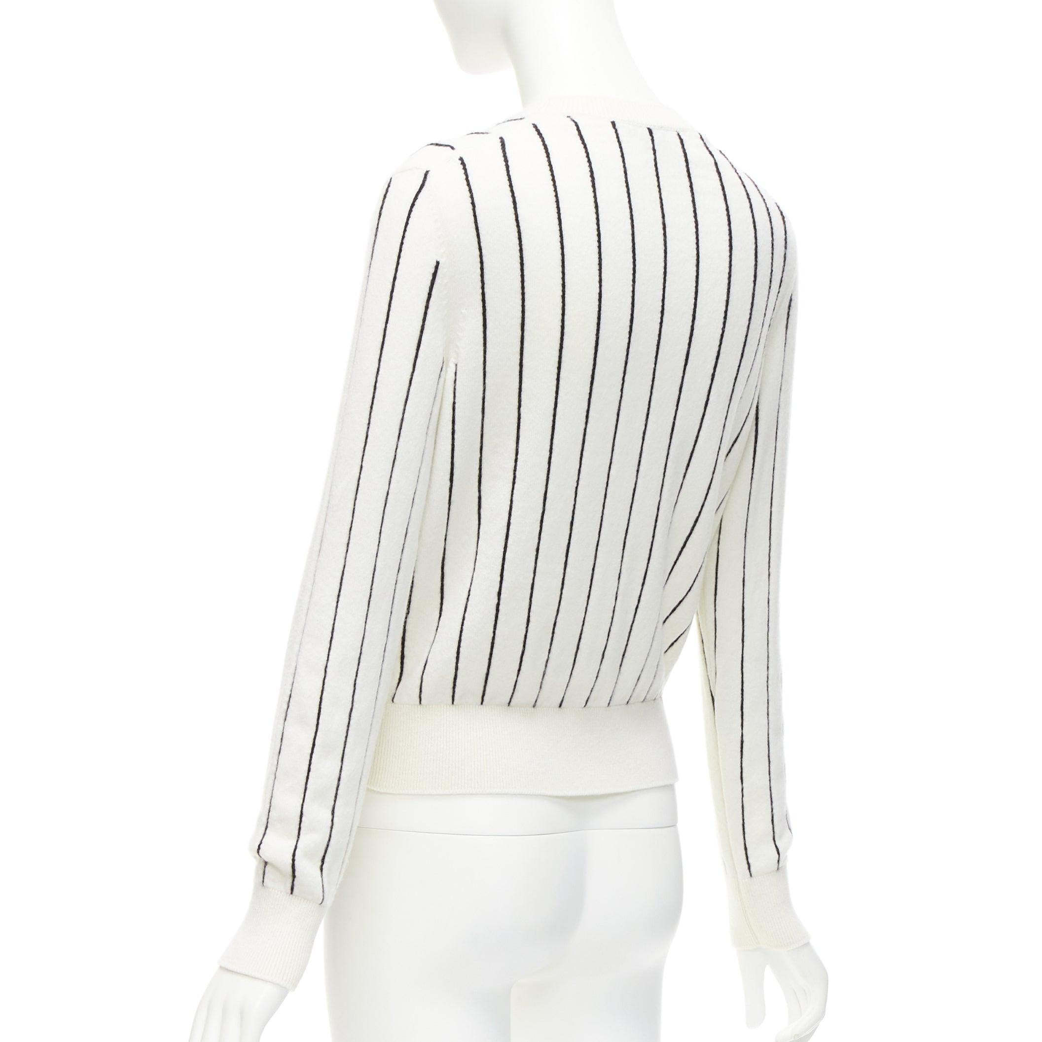 CHANEL 2023 100% cashmere cream black striped logo varsity sweater top FR36 S For Sale 2