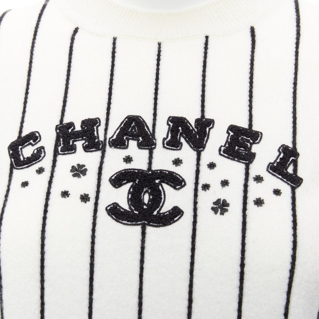 CHANEL 2023 100% cashmere cream black striped logo varsity sweater top FR36 S For Sale 3