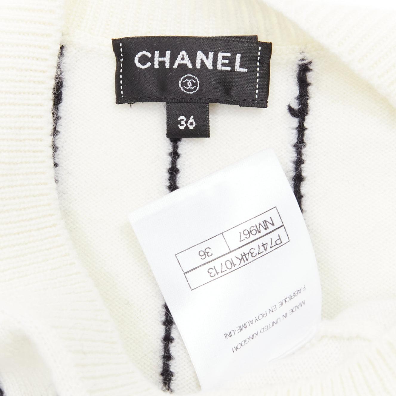CHANEL 2023 100% cashmere cream black striped logo varsity sweater top FR36 S For Sale 4
