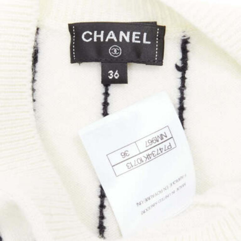 Chanel 2023 100% cachemire crème noir logo rayé pull varsity FR36 S en vente 3