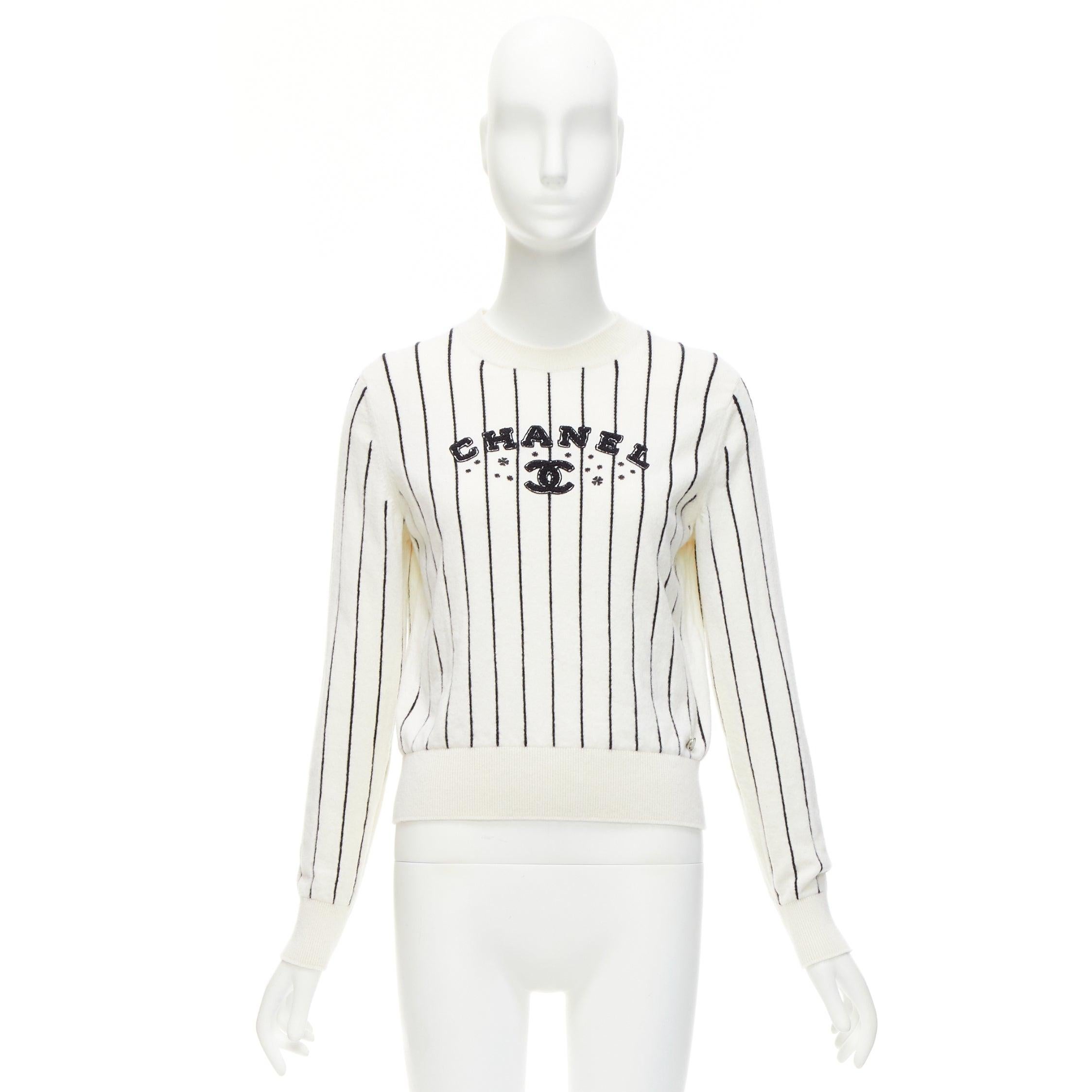 CHANEL 2023 100% cashmere cream black striped logo varsity sweater top FR36 S For Sale 5