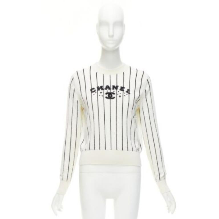 Chanel 2023 100% cachemire crème noir logo rayé pull varsity FR36 S en vente 4