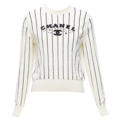 CHANEL 2023 100% cashmere cream black striped logo varsity sweater top FR36 S