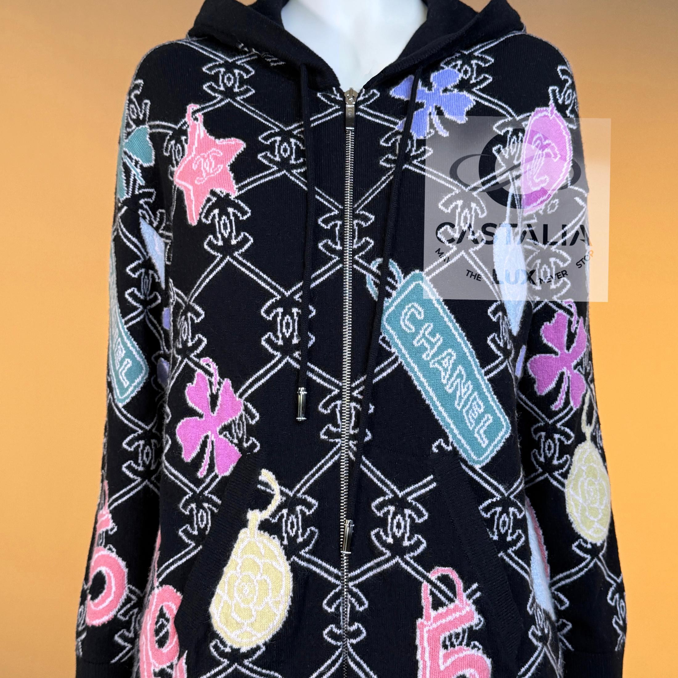 Chanel 2023 Schwarz Kaschmir Strickjacke Hoodie CC Logo 34 FR im Angebot 6