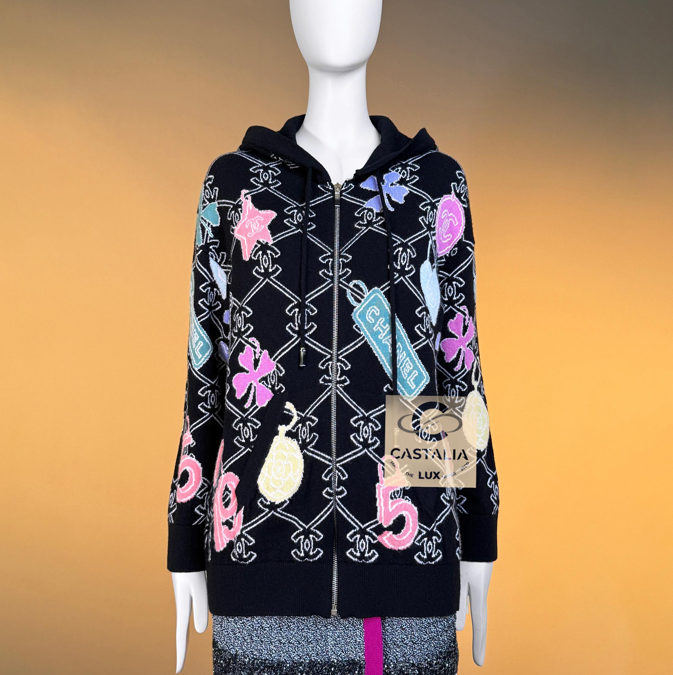 Chanel 2023 Schwarz Kaschmir Strickjacke Hoodie CC Logo 34 FR im Angebot 9