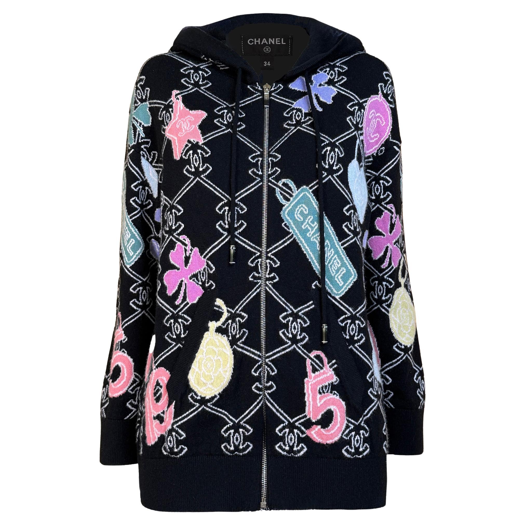 CHANEL 2023 Black Cashmere Cardigan Hoodie CC Logo 34 FR