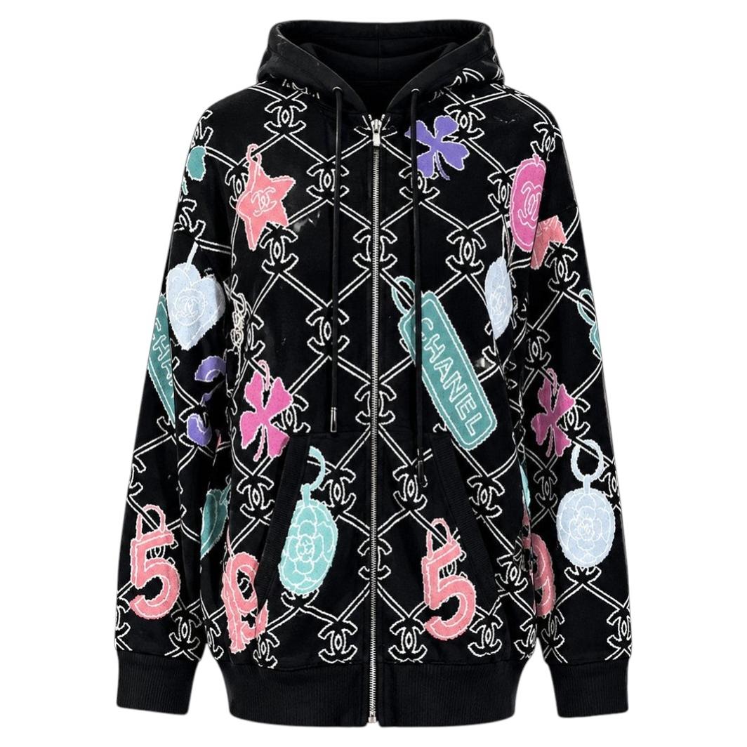 CHANEL 2023 Black Cashmere Cardigan Hoodie CC Logo 34 FR