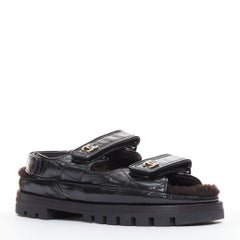 CHANEL 2023 black laminated lambskin shearling crystal CC dad sandals EU37
