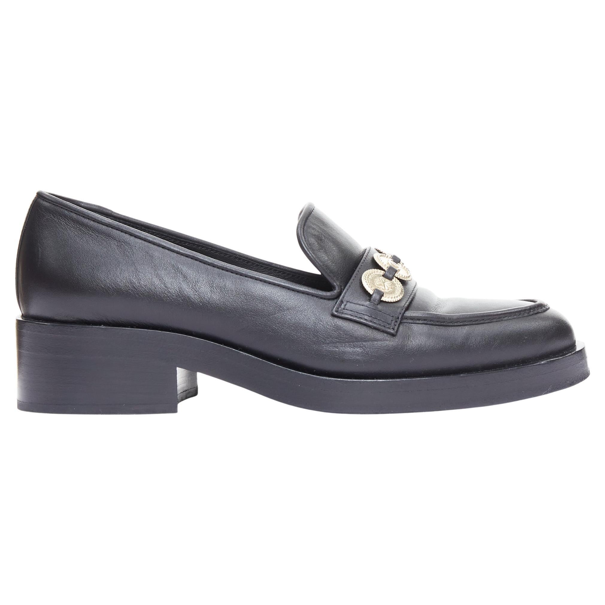 CHANEL 2023 black leather gold CC 5 coin embellished classic loafers EU37 For Sale
