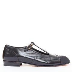 CHANEL 2023 black leather grosgrain CC cap toe T-Strap mary jane flats EU39.5