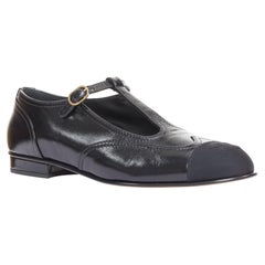 CHANEL 2023 black leather grosgrain CC cap toe T-Strap mary jane flats EU39.5