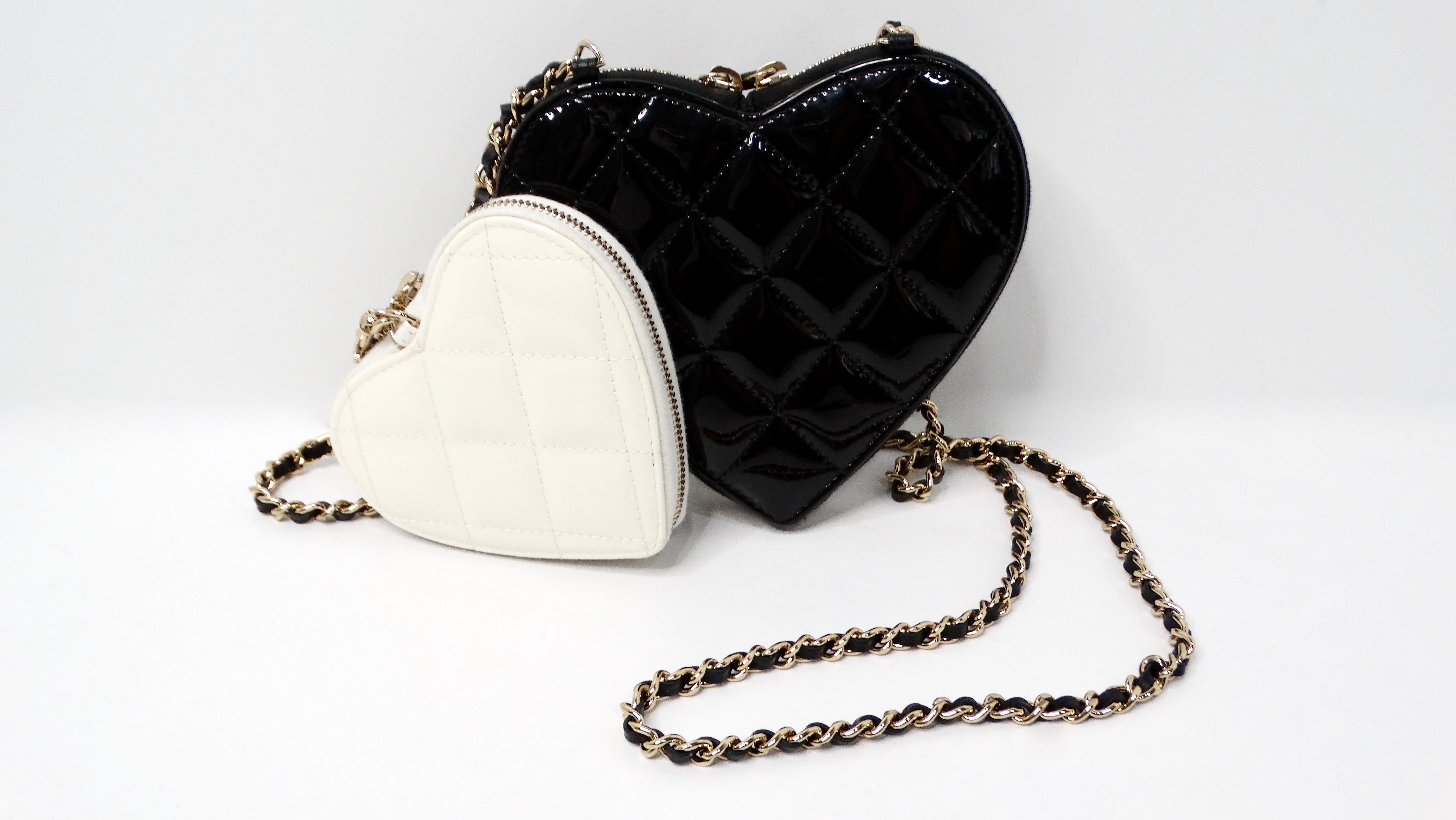 Women's Chanel 2023 Black & White Quilted Patent Leather Crossbody Mini Novelty Bag For Sale