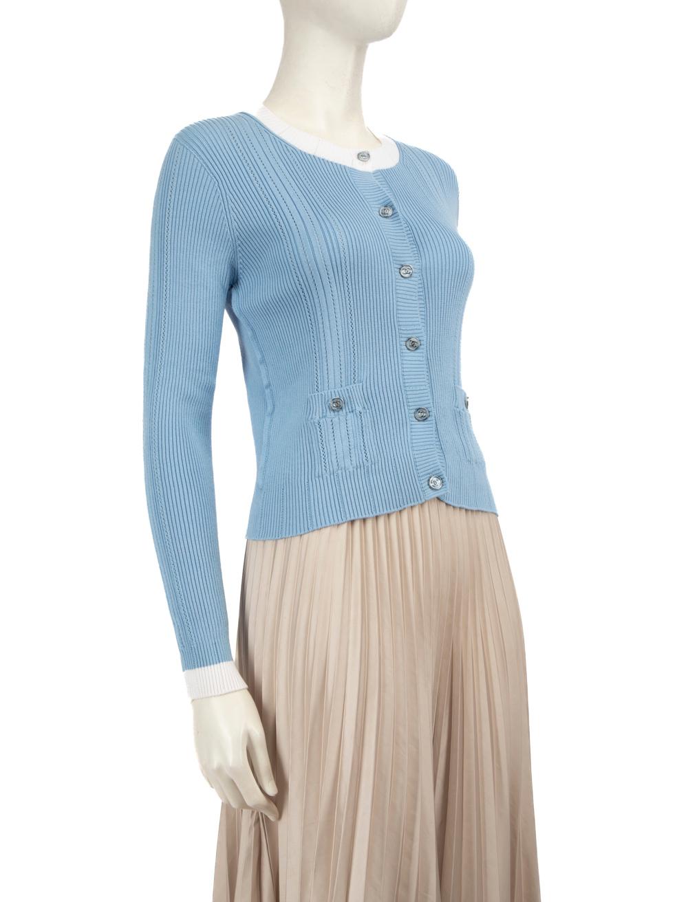 CONDITION is Very good. Hardly any visible wear to the cardigan is evident on this used Chanel designer resale item.
  
  
  
  Details
  
  
  2o23
  
  Blue
  
  Cotton
  
  Knit cardigan
  
  Stretchy
  
  Long sleeves
  
  Round neck
  
  CC