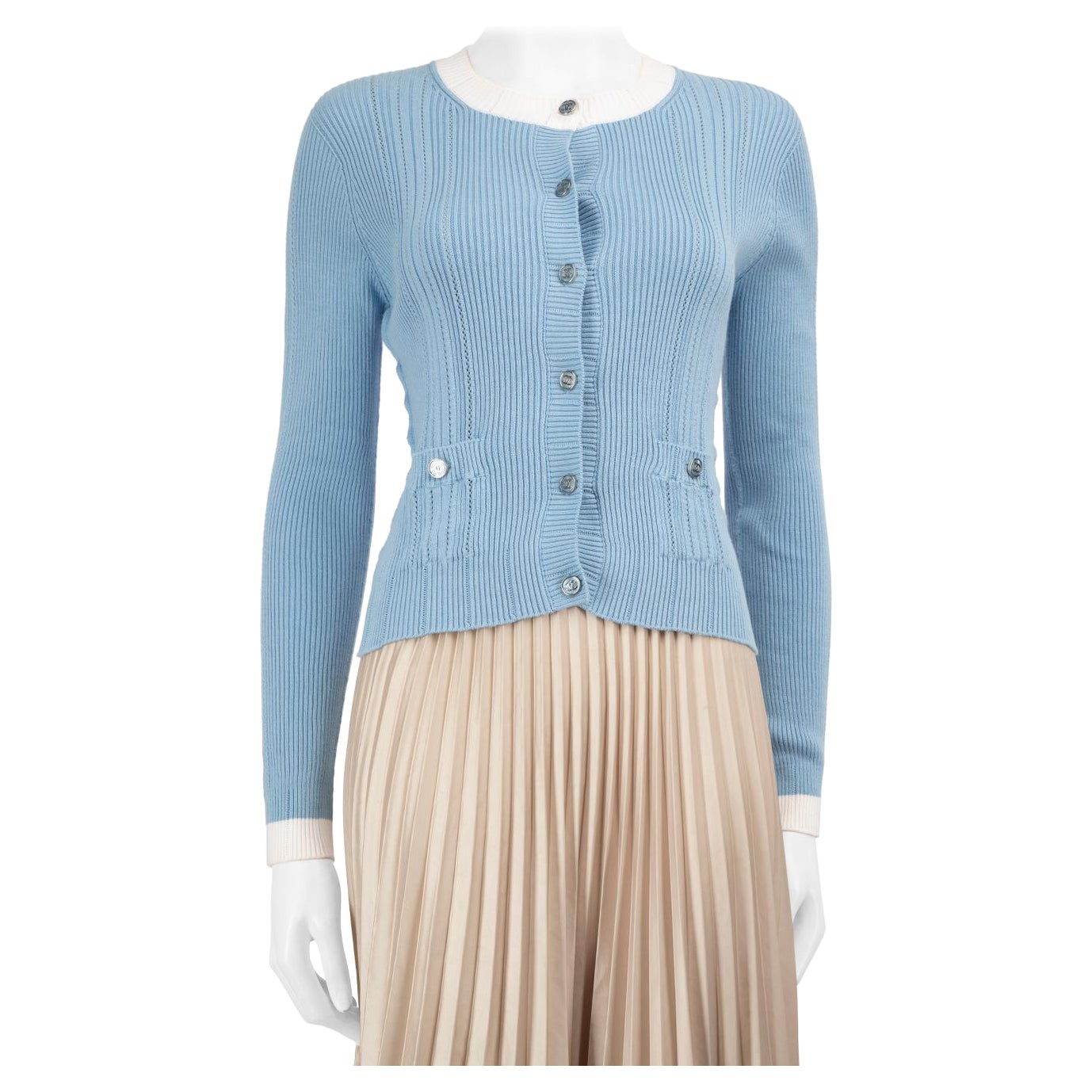 Chanel 2023 Blue Ribbed Knit Cardigan Size L
