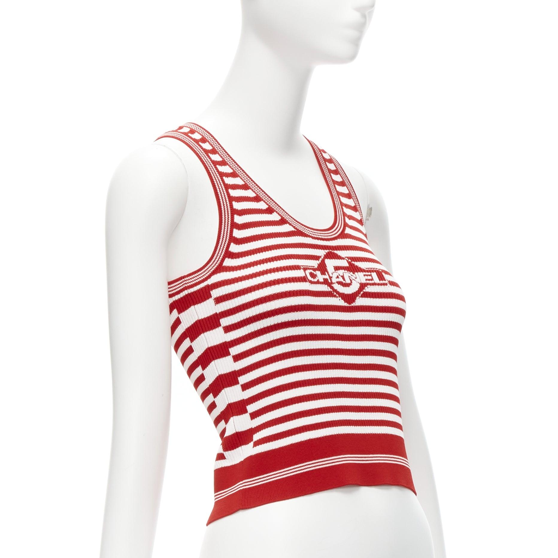 Beige CHANEL 2023 Cruise 5 red intarsia striped ribbed CC button tank top FR34 XS