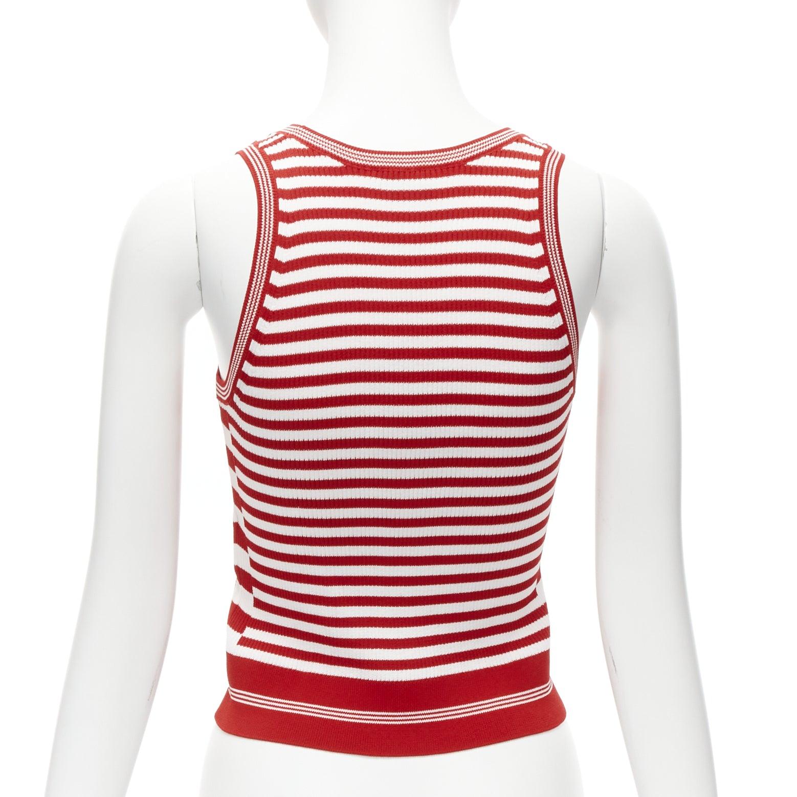 Women's CHANEL 2023 Cruise 5 red intarsia striped ribbed CC button tank top FR34 XS