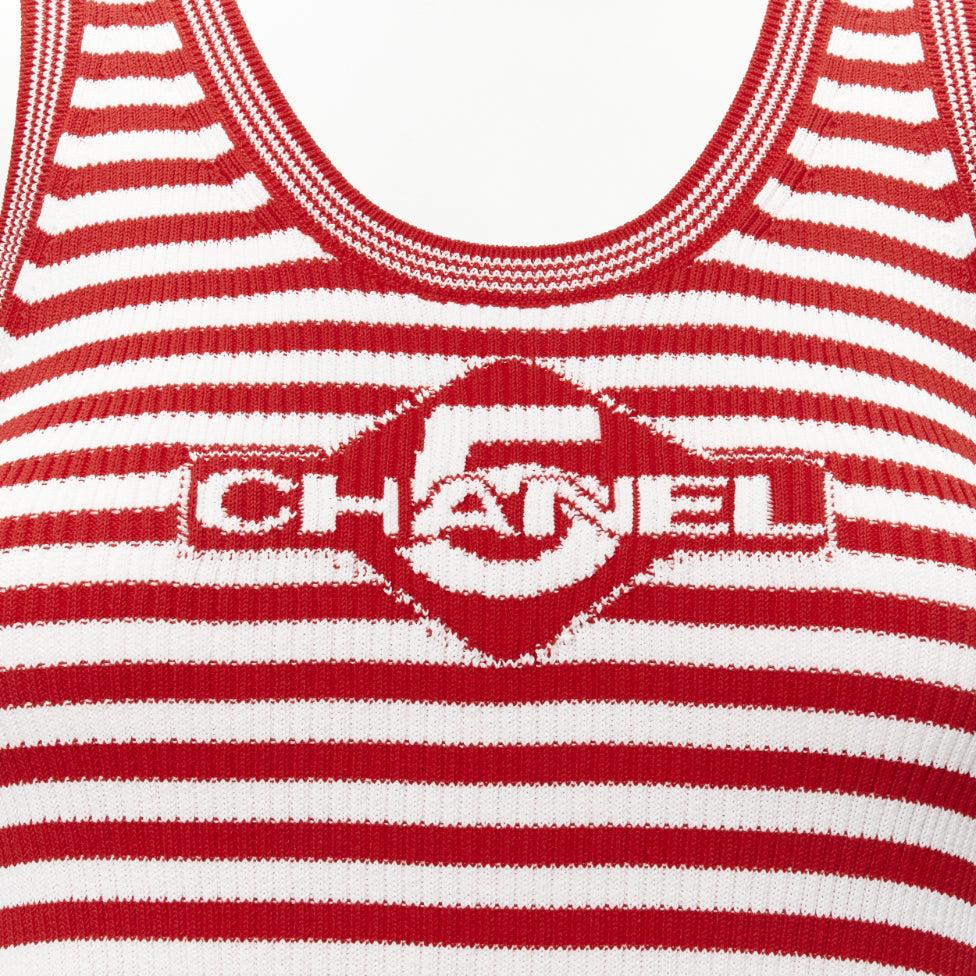 CHANEL 2023 Cruise 5 red intarsia striped ribbed CC button tank top FR34 XS 2