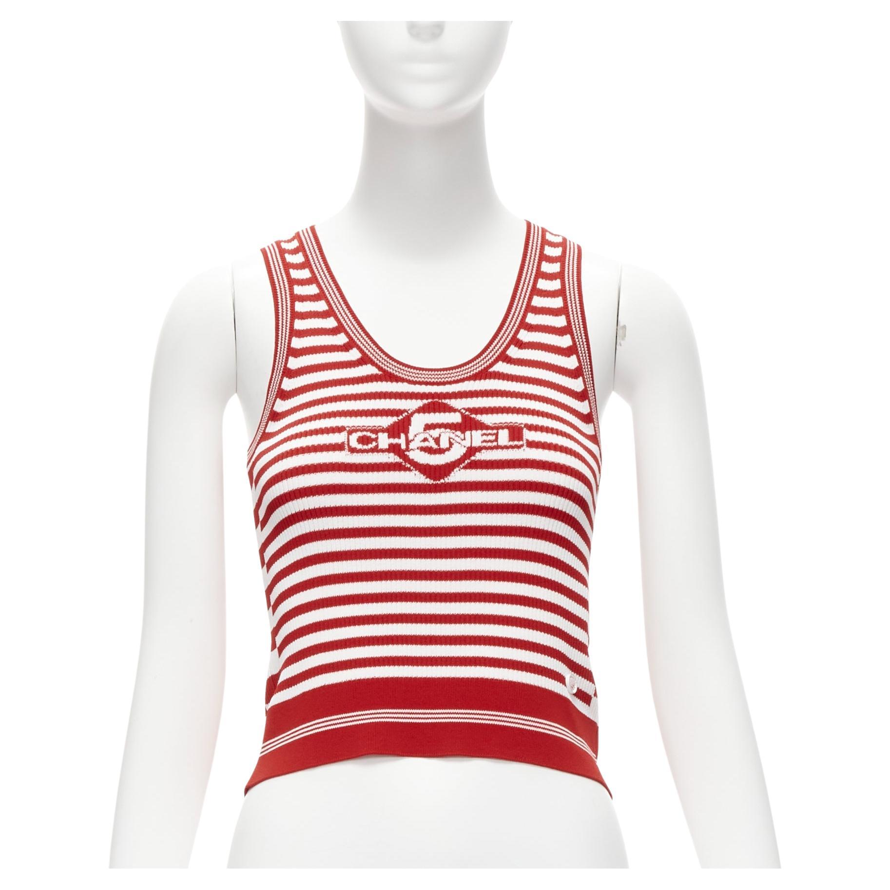 CHANEL 2023 Cruise 5 red intarsia striped ribbed CC button tank top FR34 XS