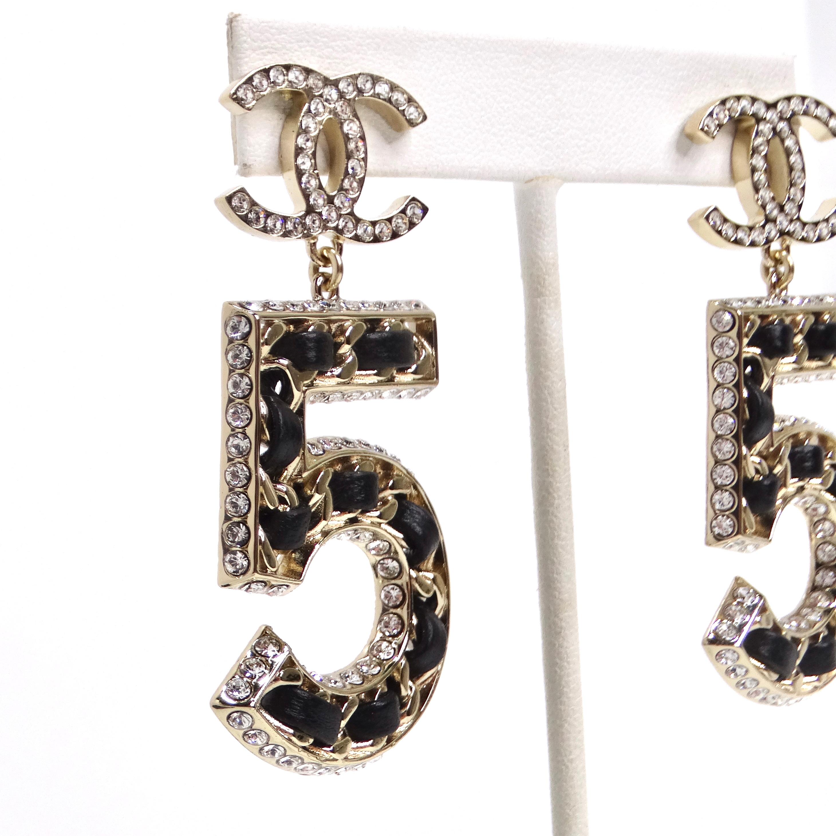 Chanel 2023 Crystal Lambskin Chain CC No. 5 Drop Earrings 4