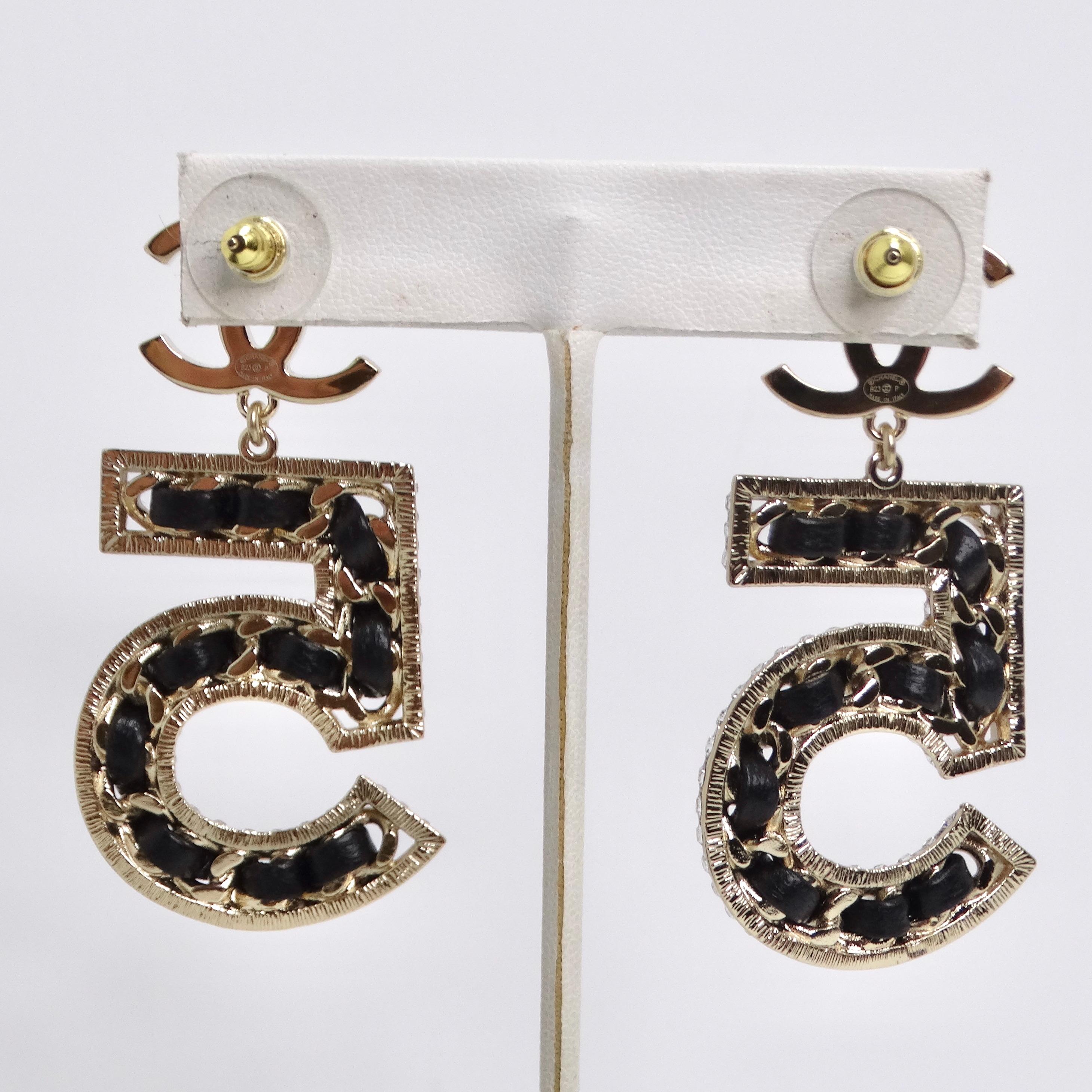 Chanel 2023 Crystal Lambskin Chain CC No. 5 Drop Earrings 5