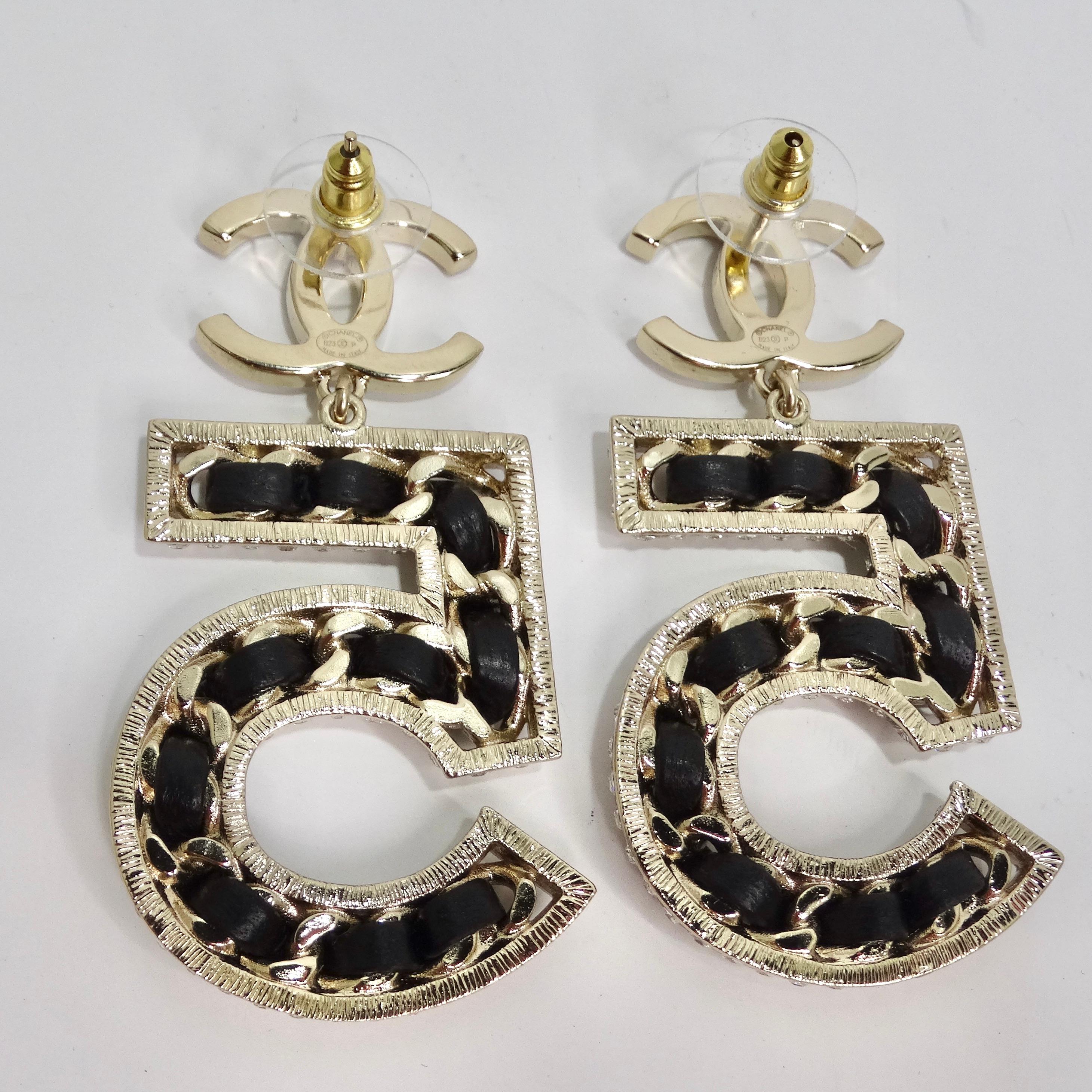 Chanel 2023 Crystal Lambskin Chain CC No. 5 Drop Earrings 2