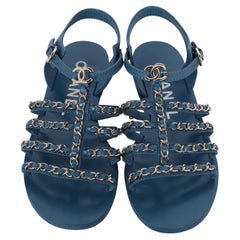 Chanel 2023 interlocking CC logo gladiator open toe blue sandals size EU 39 US 9
