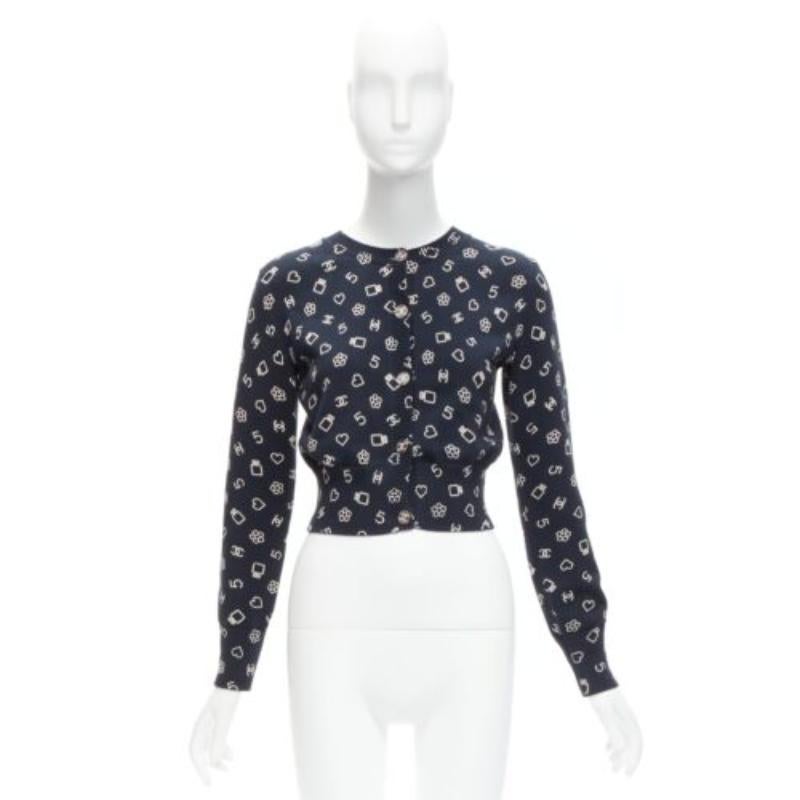 CHANEL 2023 navy white CC 5 perfume logo cotton cropped cardigan FR34 XS 5
