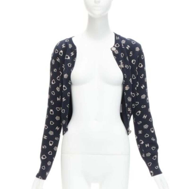 Black CHANEL 2023 navy white CC 5 perfume logo cotton cropped cardigan FR34 XS