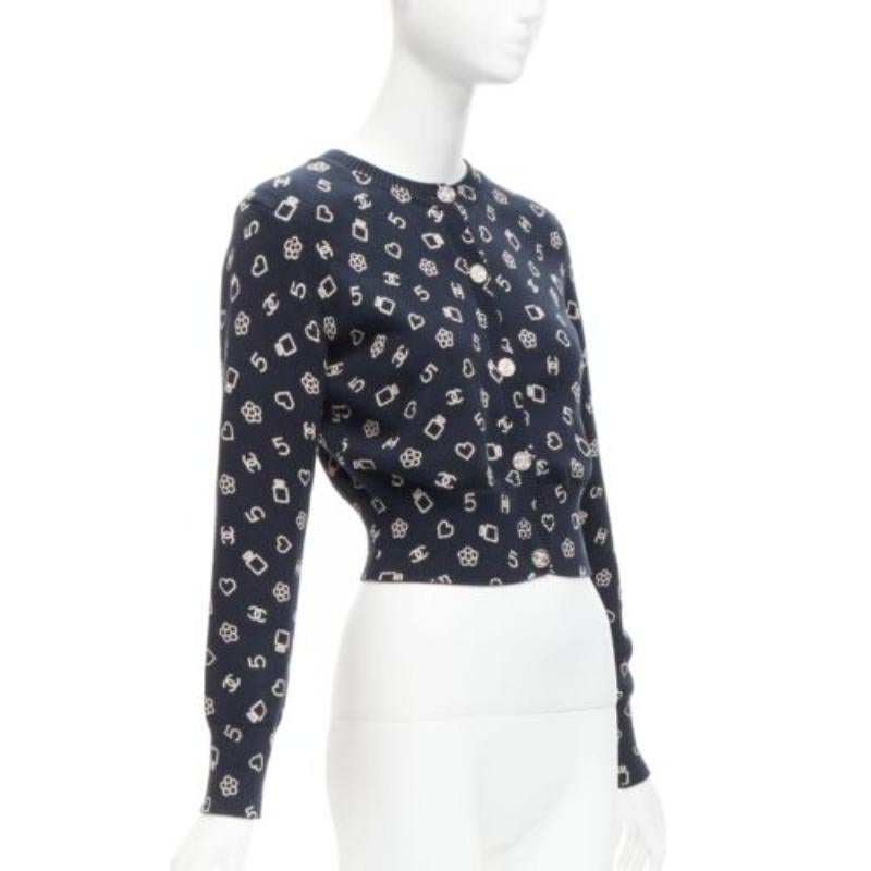 CHANEL 2023 navy white CC 5 perfume logo cotton cropped cardigan FR34 XS In Excellent Condition In Hong Kong, NT