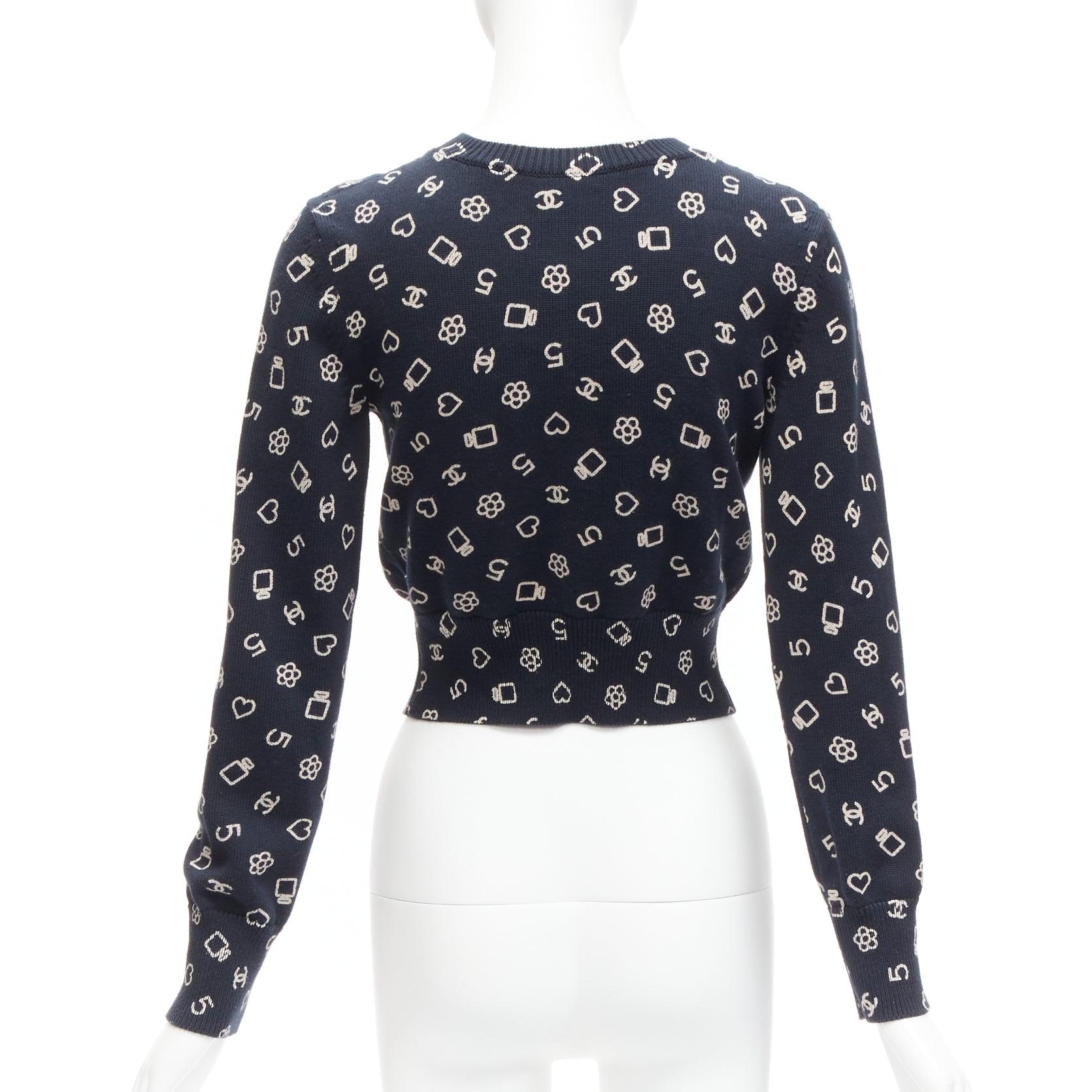 CHANEL 2023 navy white CC 5 perfume logo cotton cropped cardigan FR34 XS 1