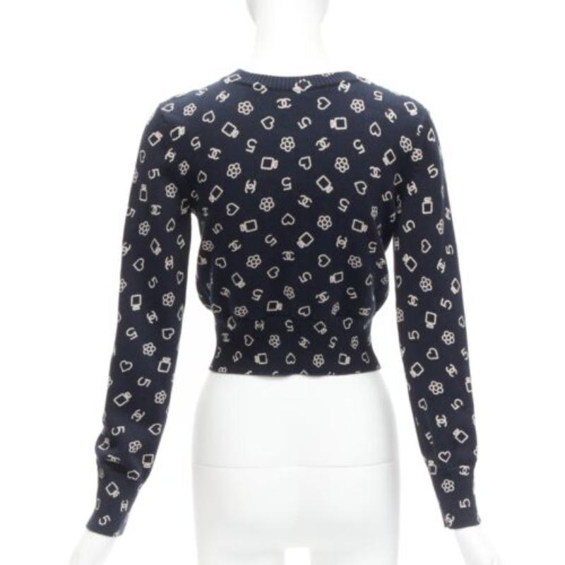 CHANEL 2023 navy white CC 5 perfume logo cotton cropped cardigan FR34 XS 1