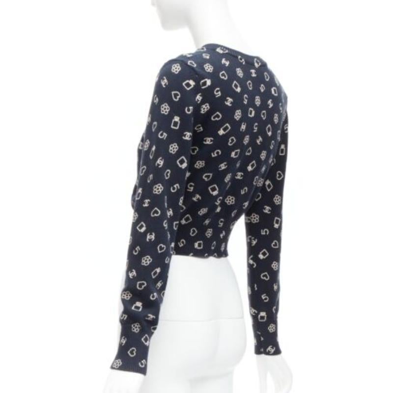 CHANEL 2023 navy white CC 5 perfume logo cotton cropped cardigan FR34 XS 2