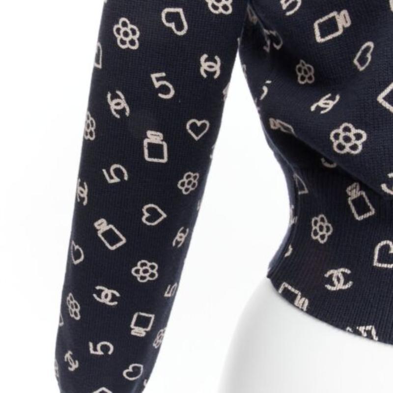CHANEL 2023 navy white CC 5 perfume logo cotton cropped cardigan FR34 XS 3