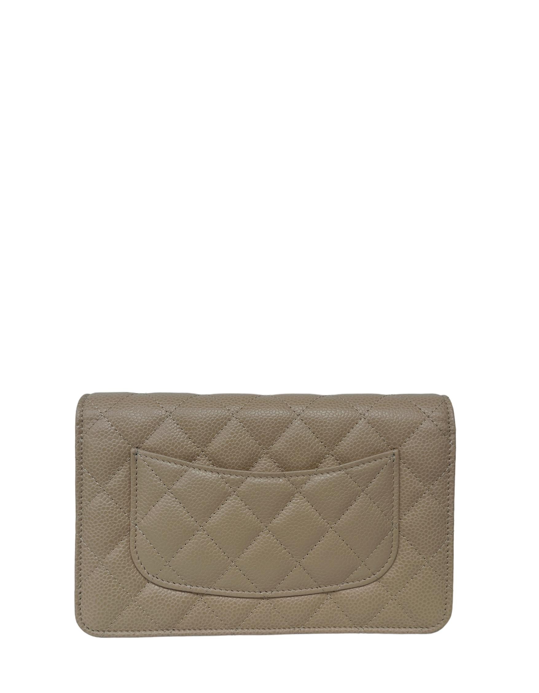 Chanel 2023 NEW Beige Quilted Caviar Leather Wallet On Chain WOC Crossbody Bag. Chain can be tucked inside bag to also be worn as a clutch. 
Made In: Italy
Year of Production: 2023
Color: Beige
Hardware: Light goldtone
Materials: Caviar