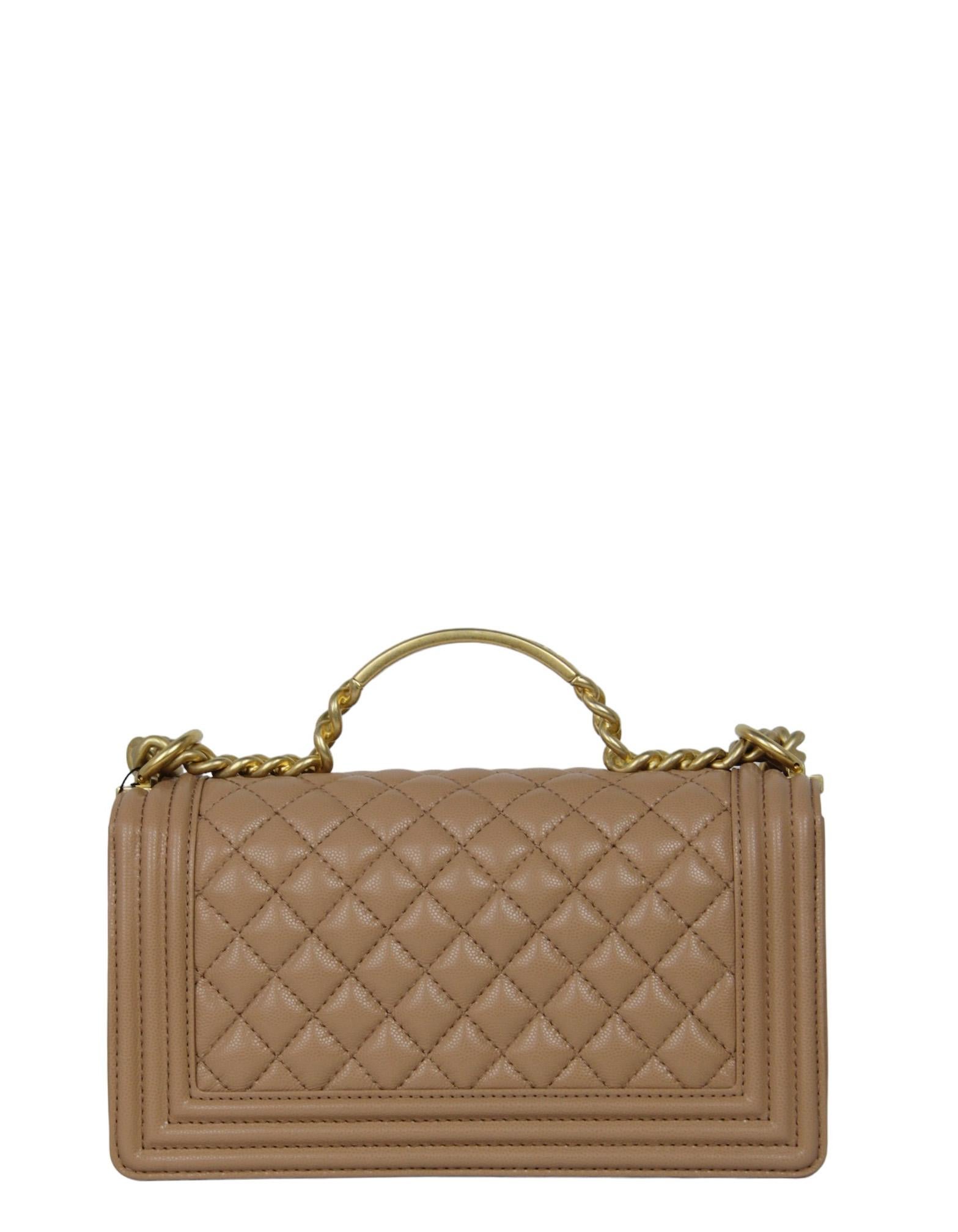 Chanel 2023 NWT Dark Beige Caviar Medium Top Handle Boy Bag In Excellent Condition In New York, NY