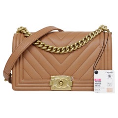 Chanel 2023 NWT Tan Caviar Leather Chevron Quilted Medium Boy Bag