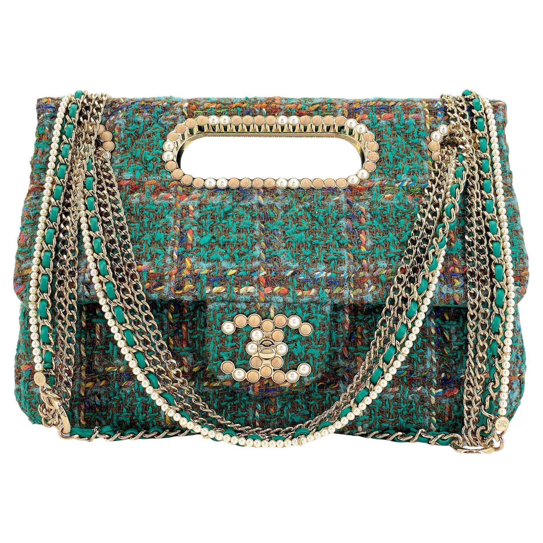 Chanel 2023 Paris-Dakar Green Tweed Pearl Wooden Real Catch Flap Bag GHW 68600 For Sale