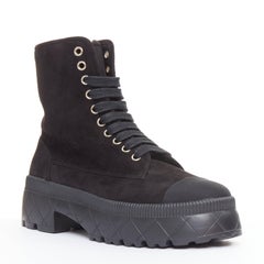 CHANEL 2023 quilted suede silver CC cap toe platform laced combat boots EU37.5