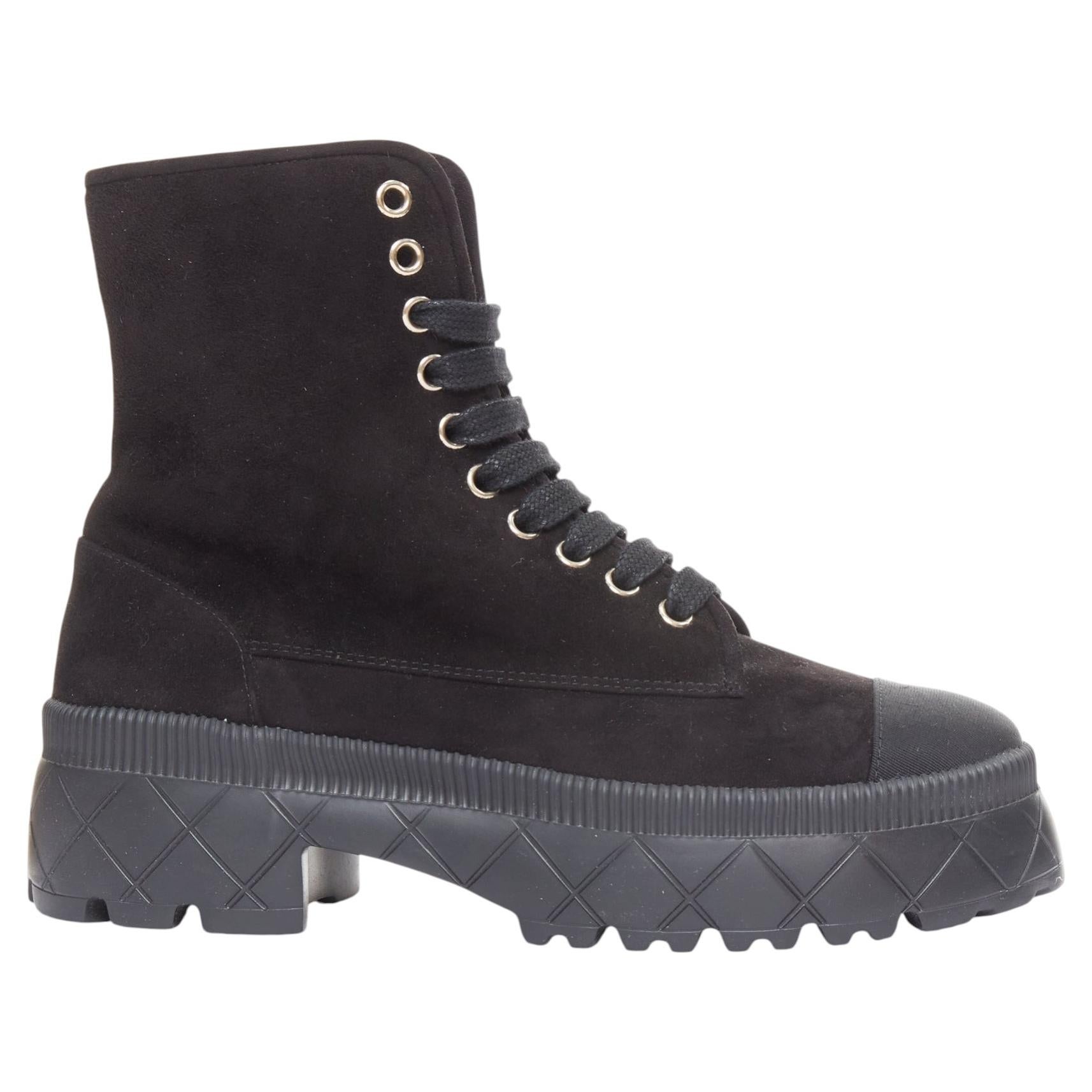 CHANEL 2023 quilted suede silver CC cap toe platform laced combat boots EU37.5 For Sale