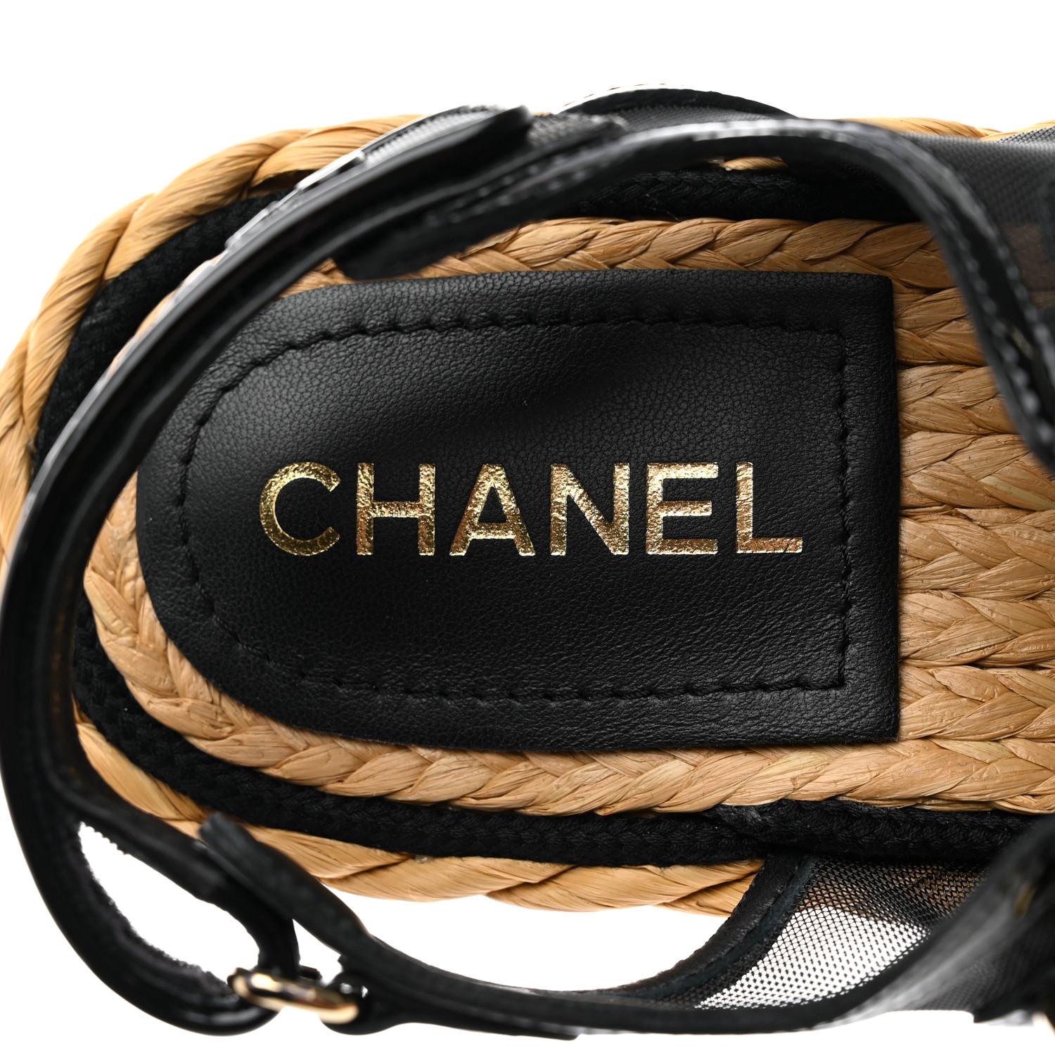 Chanel 2023 Raffia Straw Mesh Patent Dad Sandals New in Box Size 39.5 For Sale 5