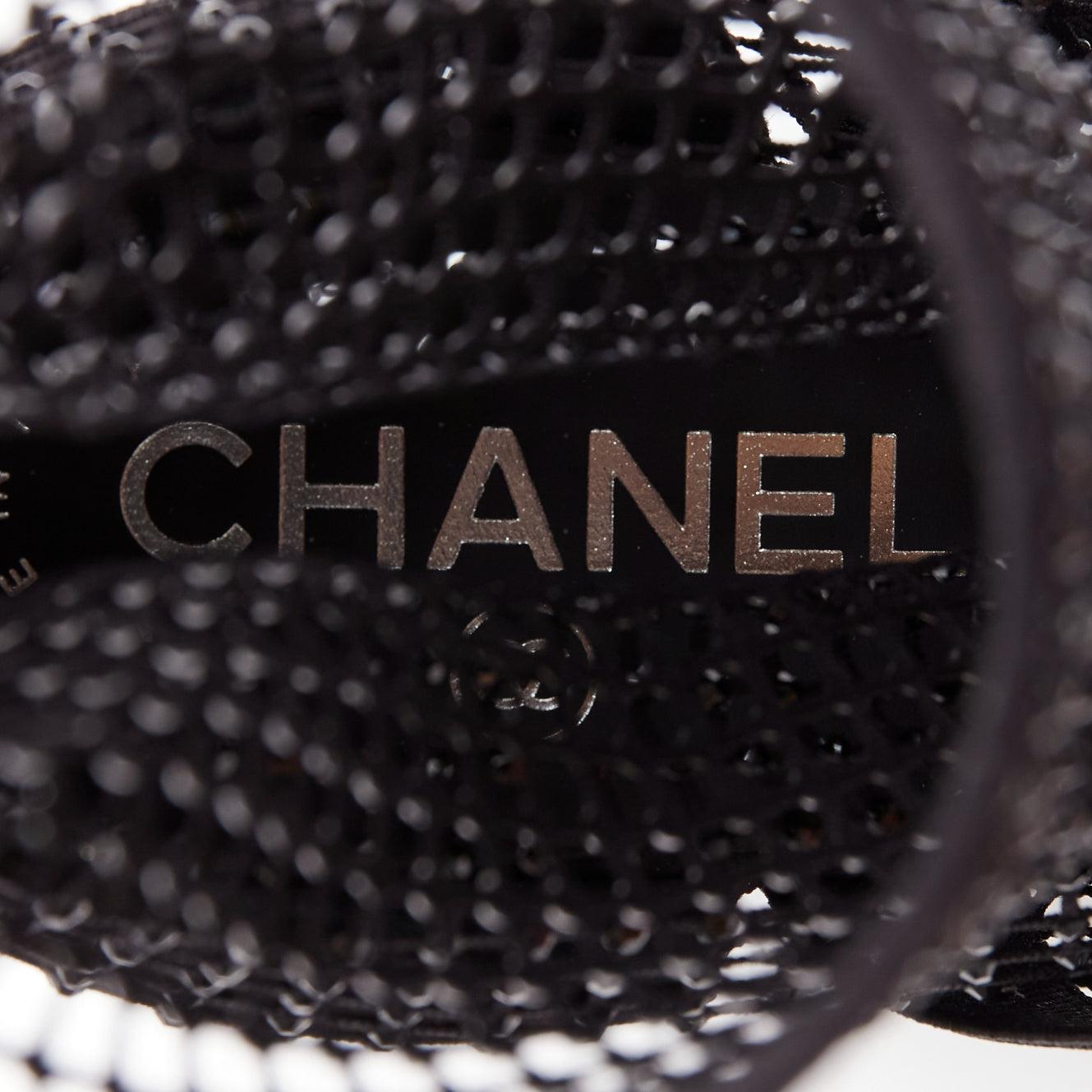 CHANEL 2023 Resille 90 black crystal fishnet bow silver CC sock boots EU38.5 5