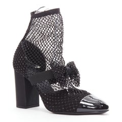 CHANEL 2023 Resille 90 Schwarze Kristall Fischnetz-Bogen-Stiefel CC mit Schleife aus Silber EU38,5